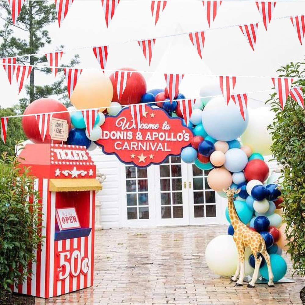 170Ft 120Pcs Red and White Striped Pennant Banner, Carnival Circus Decorations S