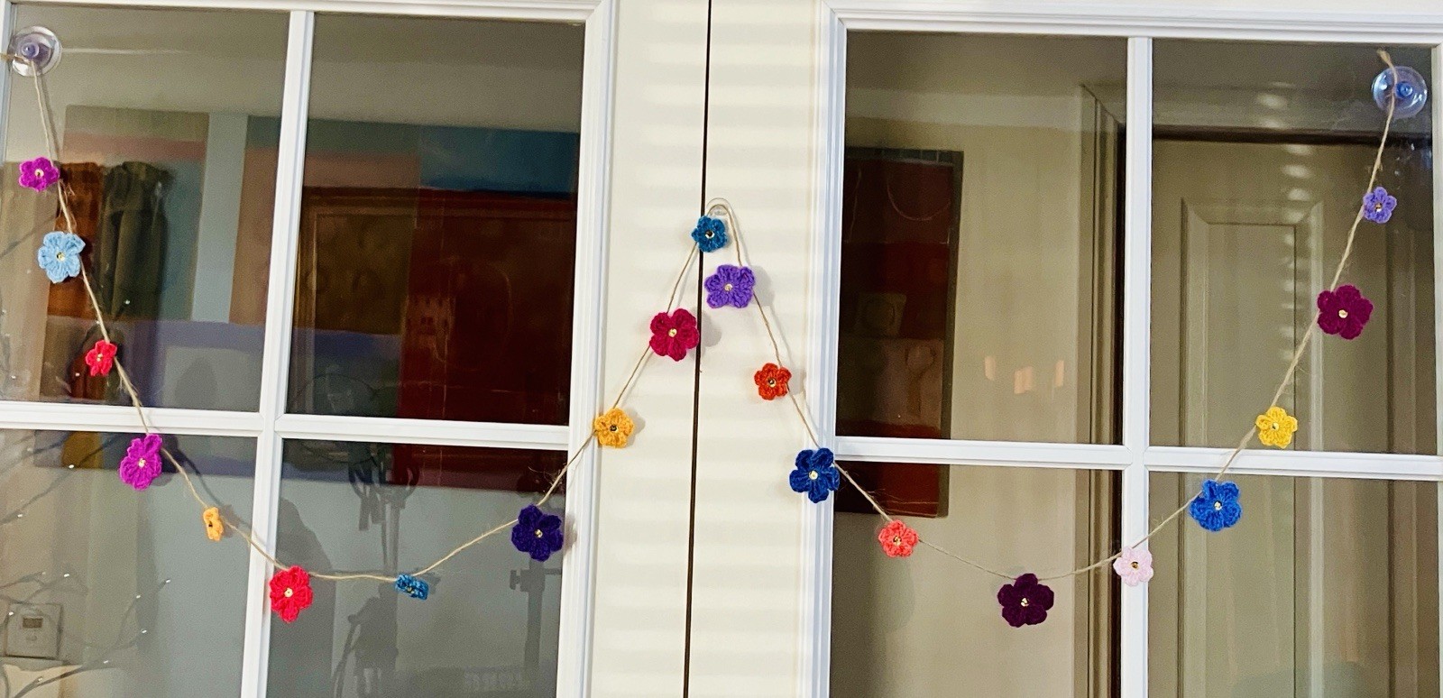 🌸NEW 75″ Hand Crochet Flowers Bunting Window sequin Camper SUMMER gift
