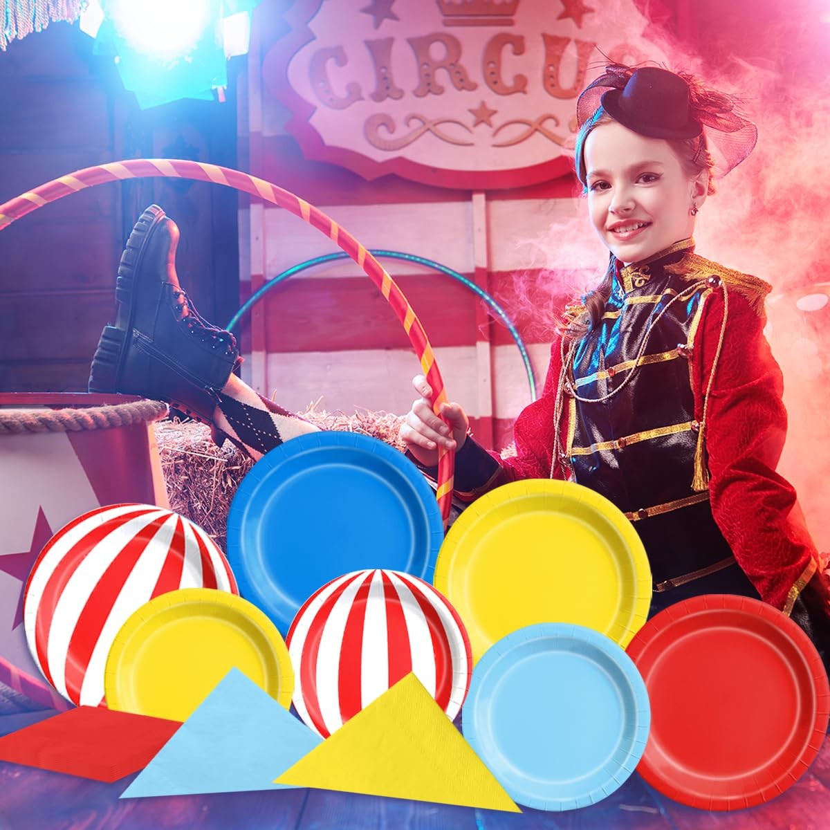 60 PCS Carnival Circus Theme Red Blue Yellow Party Tableware Plates Napkins