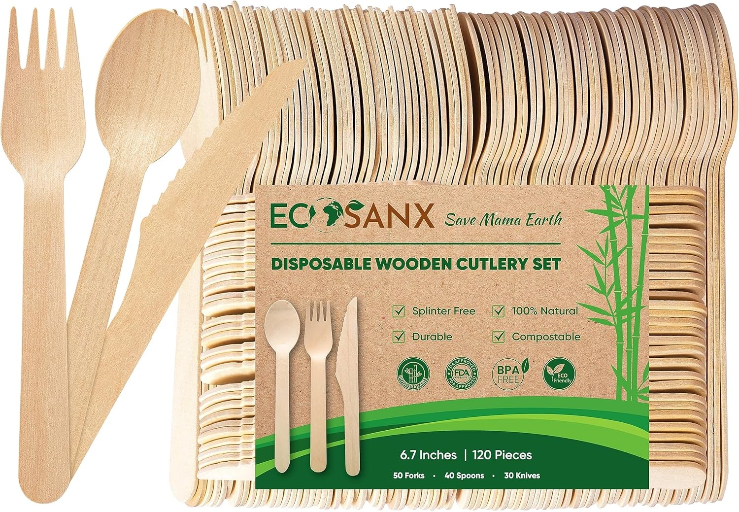120-piece disposable wooden cutlery set, 6.5 inches, perfect for parties.