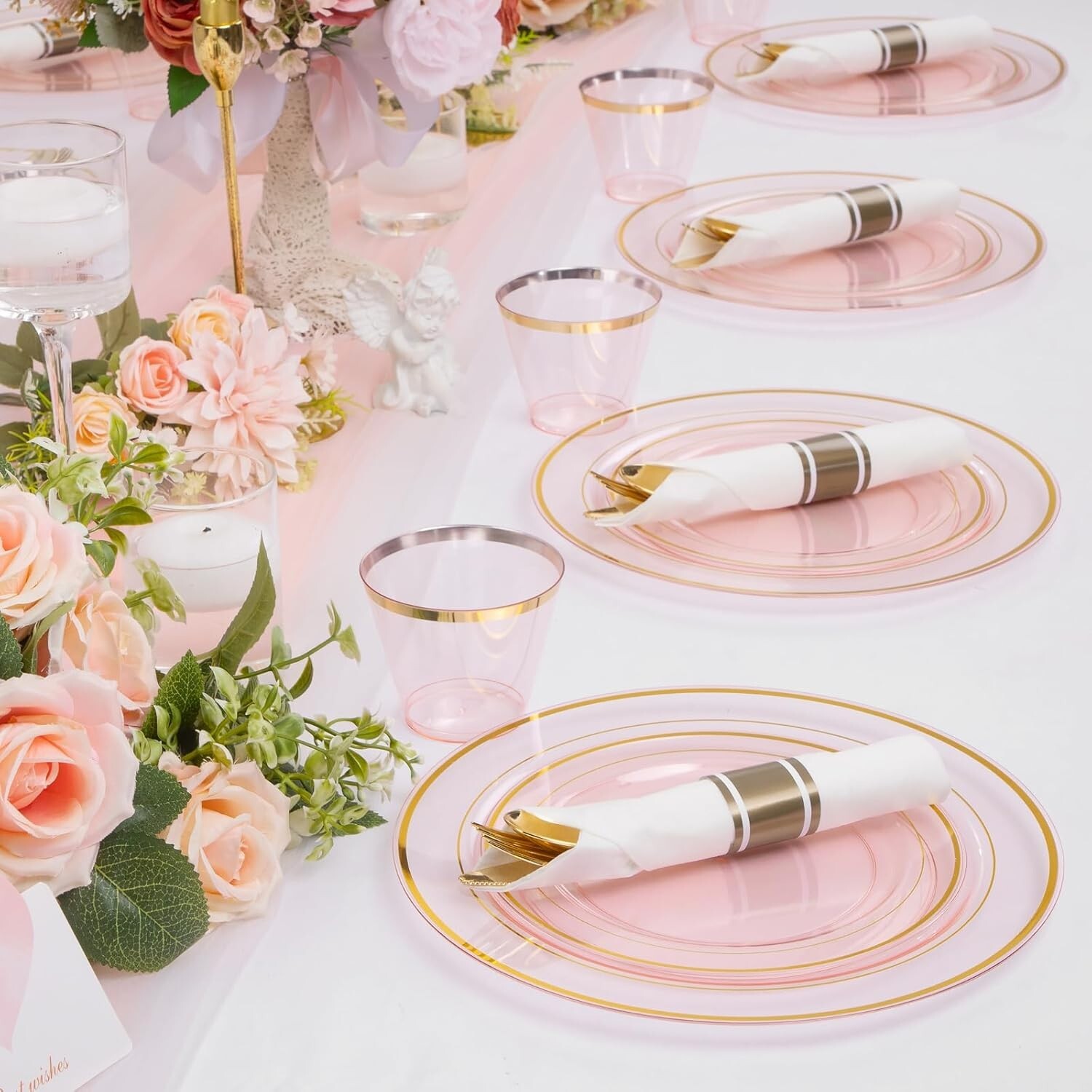 210Pcs Clear-Pink Plastic-Plates – Pink and Gold Plastic Dinnerware include 3…