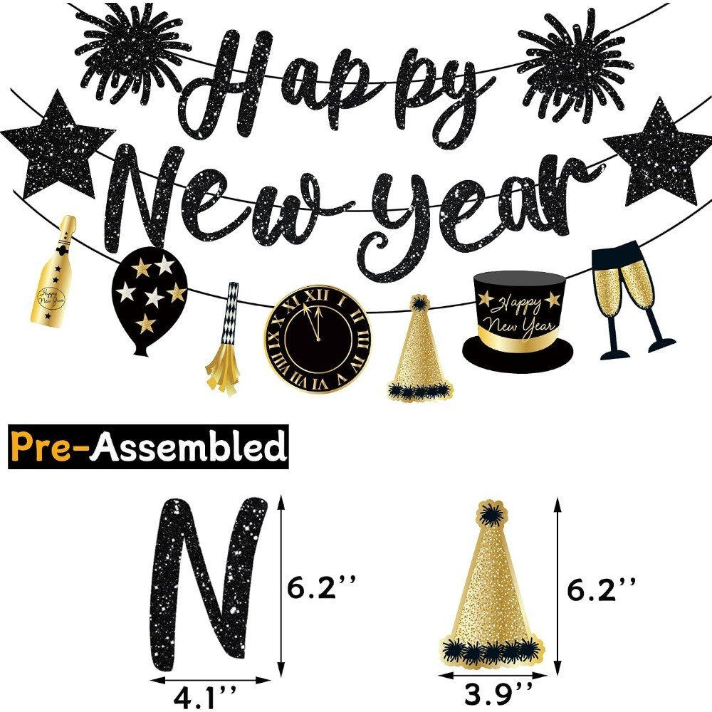 Happy New Year Banner Black Glitter Pre-Strung NYE Sign Garland Banner for Happy