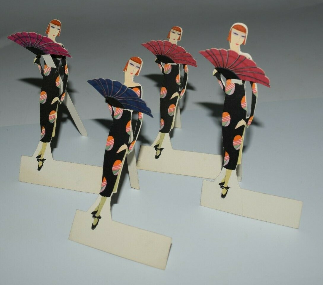 Vintage Art Deco Place Card Figure Stylized Exotic Women & Fans Asian 1920