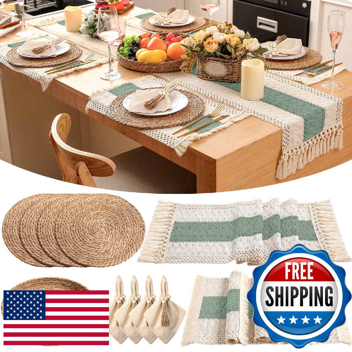 Gandeer 4 Sets Boho Placemats Round Woven Placemats Cloth Napkins Wood Bead Napk