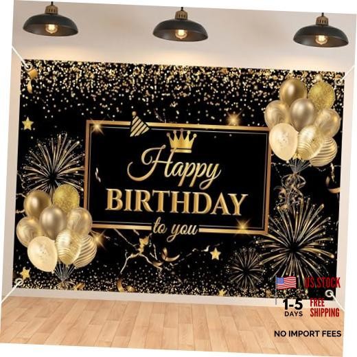Happy Birthday Backdrop Banner for Photo Booth, Large 59 x 39 Inches Black Gold