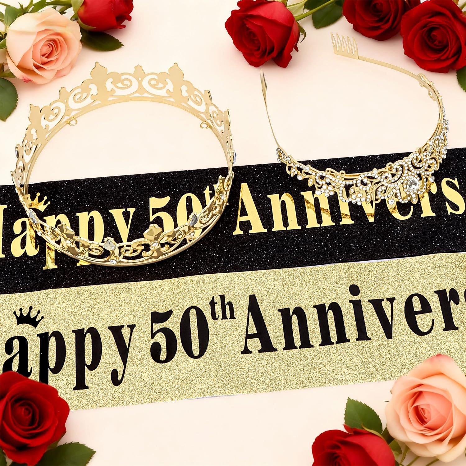 50Th Anniversary Decorations Gold Crown and Glitter Sash Set 50Th Wedding Annive