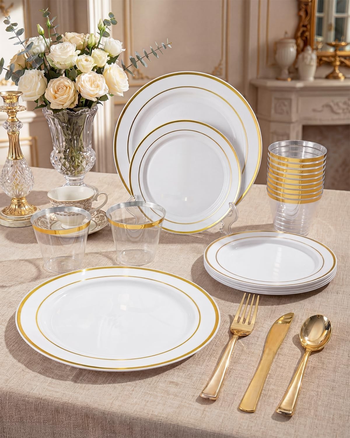 300PCS Gold Disposable Dinnerware Set – White and Gold Plastic