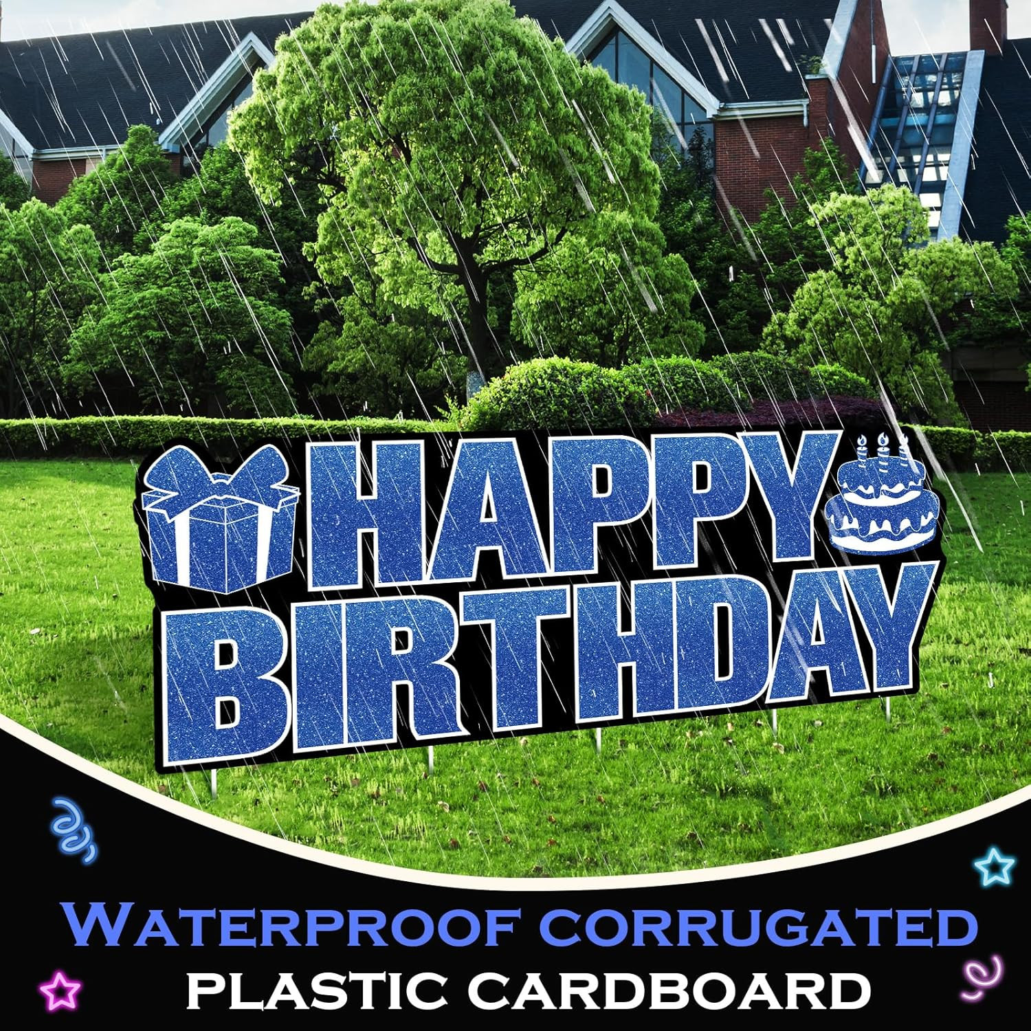 Large Happy Birthday Yard Sign with Stakes,Glow Blue Happy Birthday Decorations