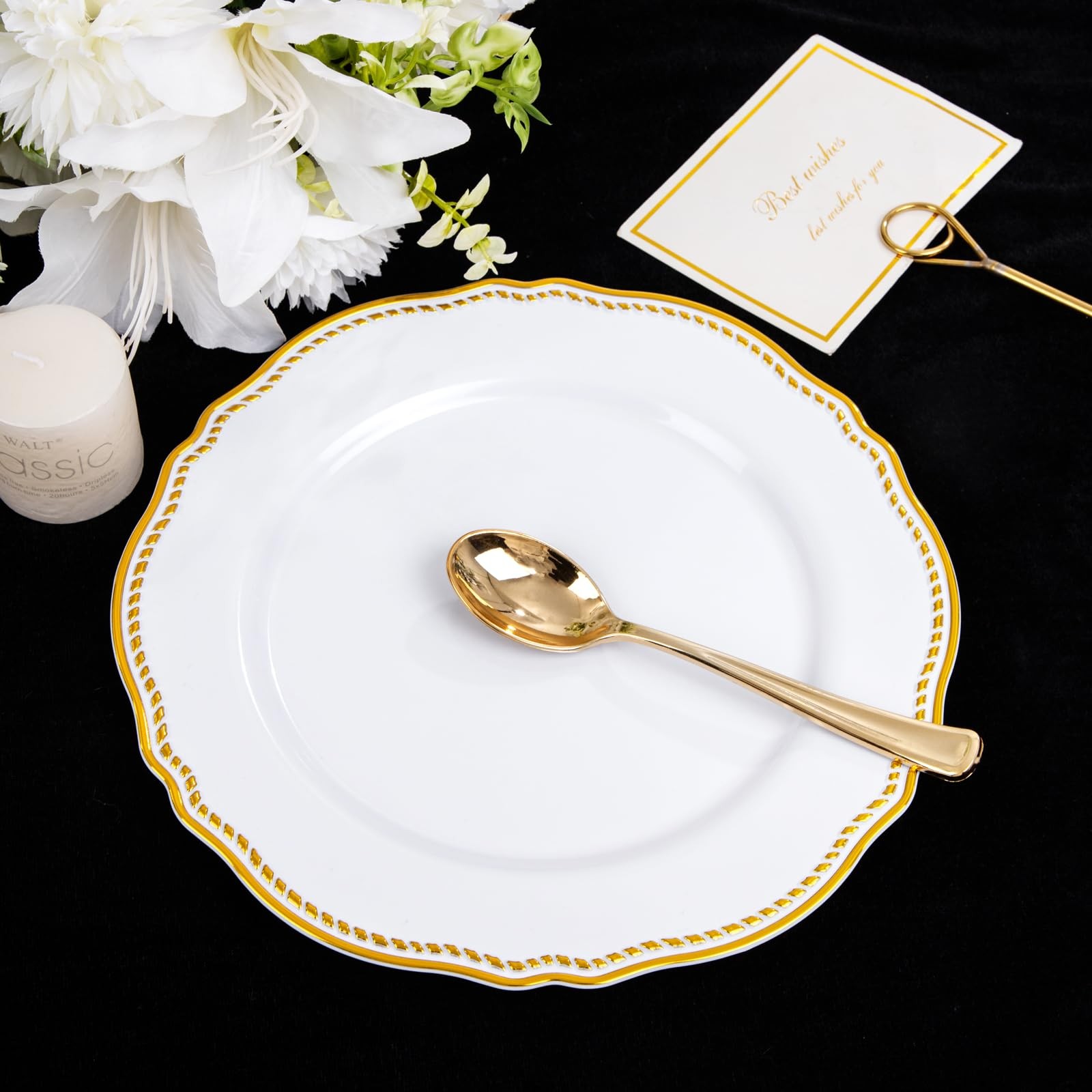 60pcs Gold Plastic Plates – White and Gold Disposable Dinnerware with Gold Ri…