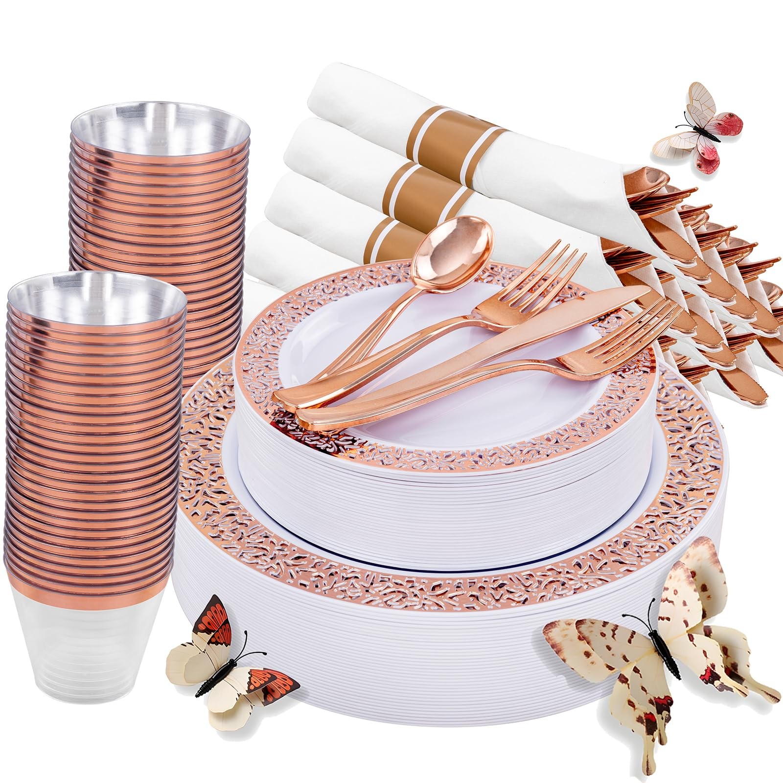 350 PCS Rose Gold Disposable Dinnerware Set for 50 Guests, Disposable Rose Go…