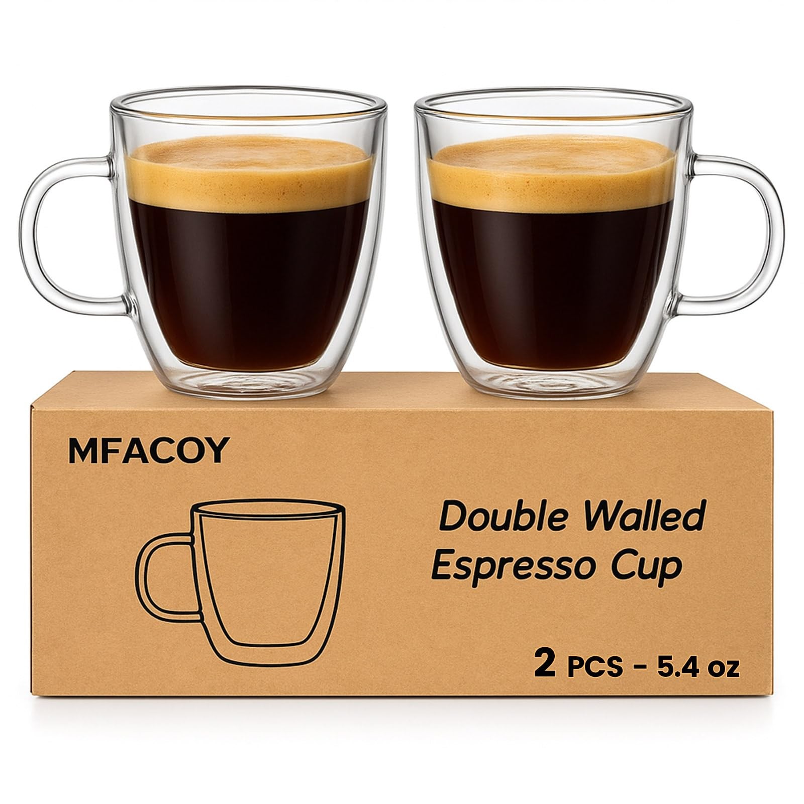 Mfacoy Glass Double Wall Insulated Espresso Cups (Set of 2), 5.4 oz Shots Cup wi