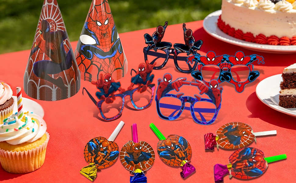 36 Pcs Spider Man Party Favors Marvel Birthday Cake Hat Blowout Photo Booth Prop