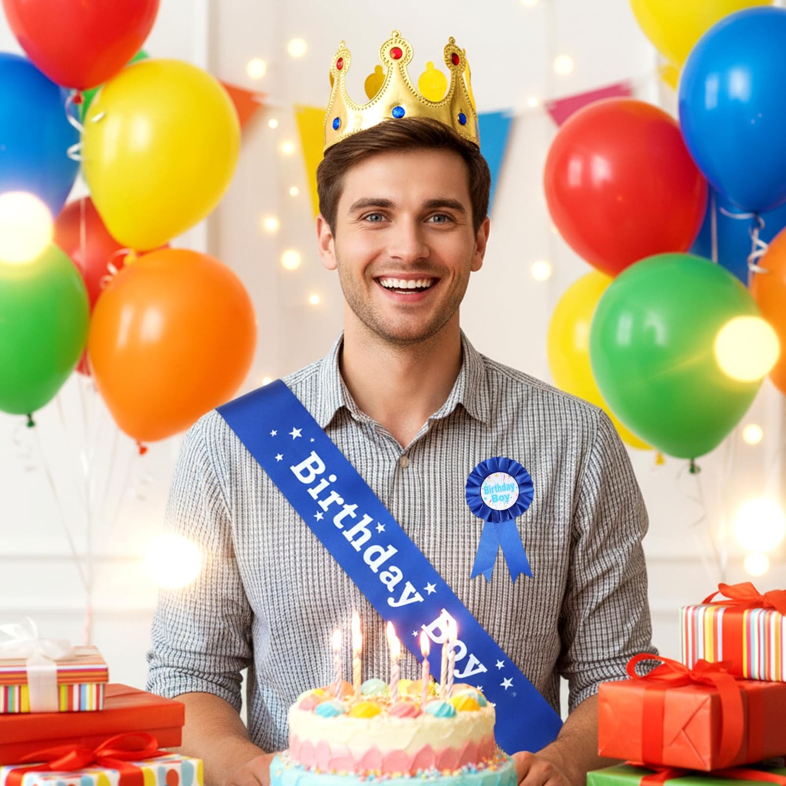 Aysatogc Birthday Crown Party Set, Boy Sash Hat Standard, Blue