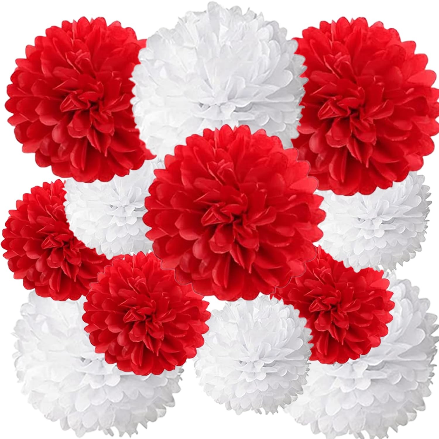 Red and White Paper Pom Poms 12 Pack Hanging Tissue Flowers Decoration