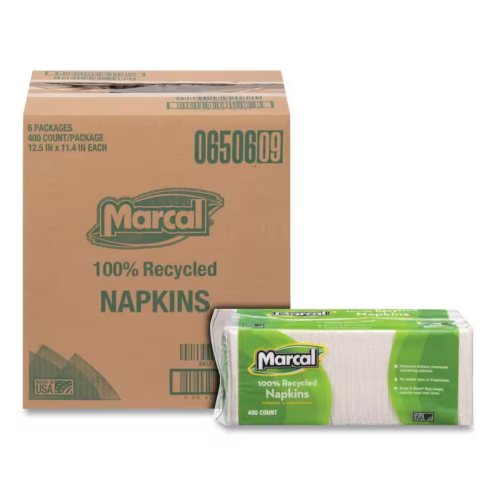 11.4 In. X 12.5 In. 100% Recycled White Luncheon Napkins, (400 per Pack, 6 Packs