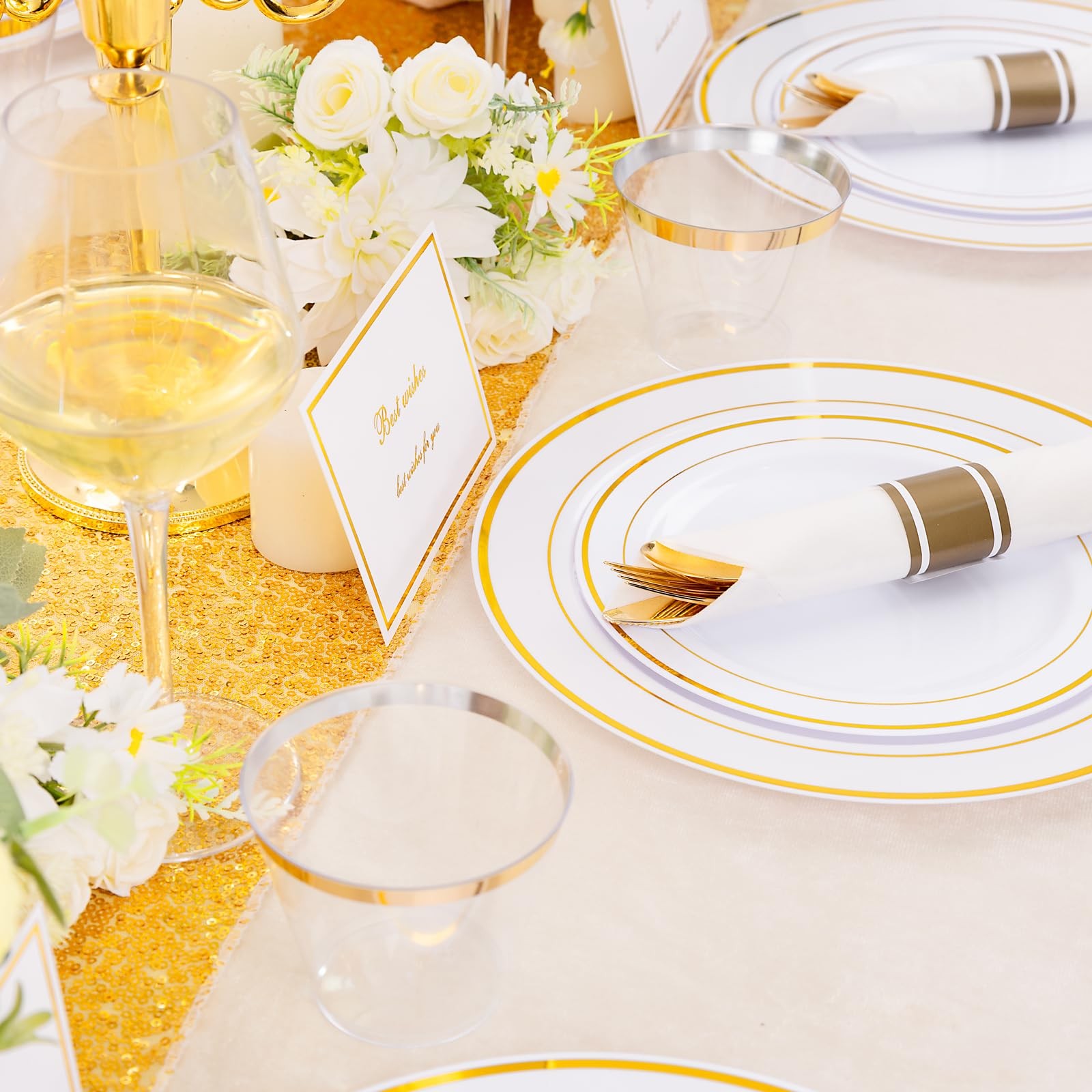 350PCS Gold Plastic Dinnerware Set for 50 Guests, Fancy Disposable Plates for…