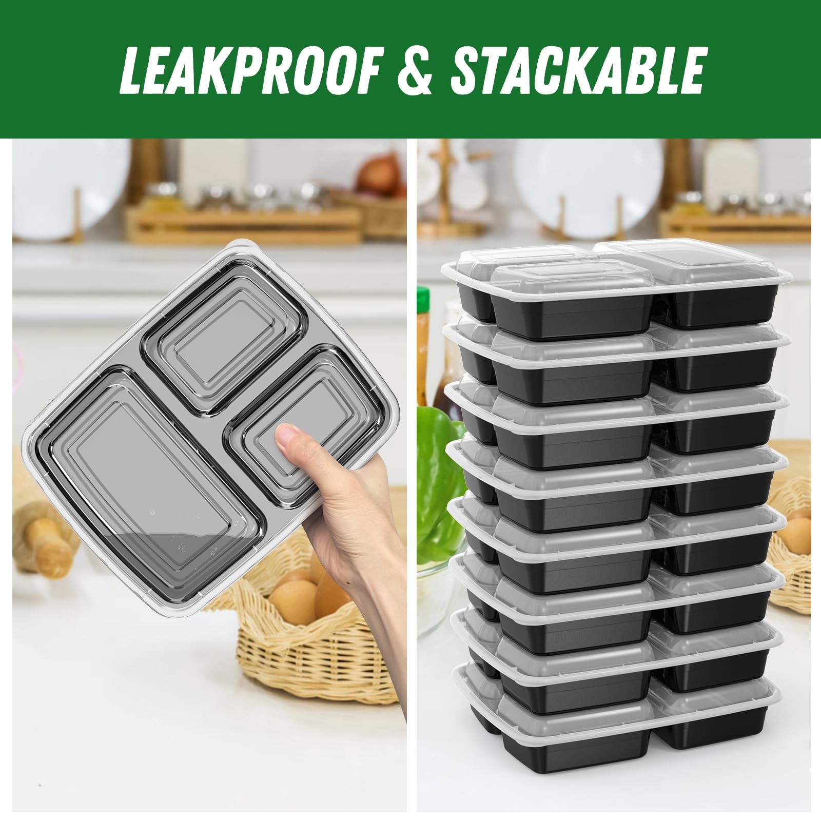 50 Pack (100-Piece) 32 oz Meal Prep Containers Reusable with Lids 3-Compartment,