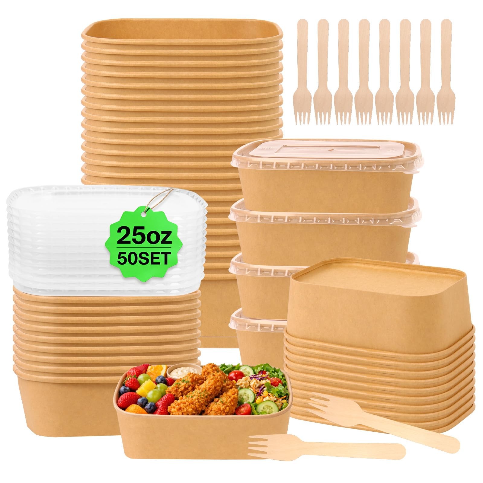 50 Pack 25 oz Food Containers with Lids, Meal Prep Containers Disposable Larg…