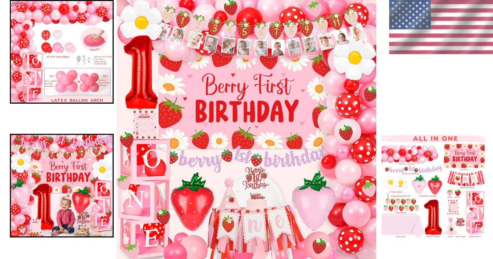Berry 1st Birthday Decor Set: Strawberry Theme with Balloon Arch & Backdrop
