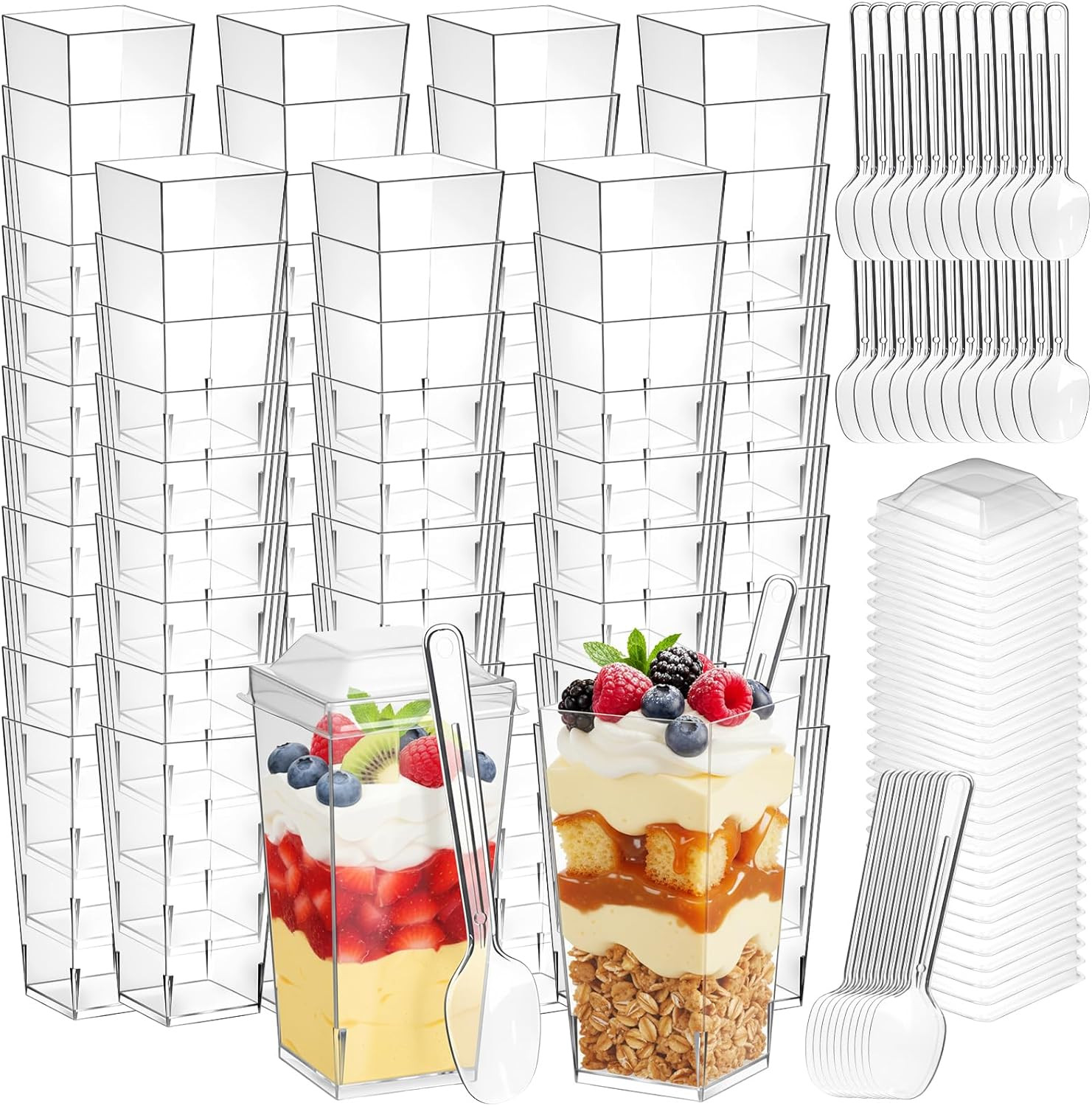 600 Pcs 3 Oz Mini Dessert Cups with Lids and Spoons, Reusable Square Appetizer,