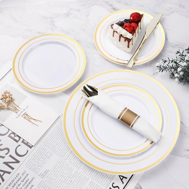 Elegant Disposable Party Plates Set W/ Gold Silverware Weddings Birthdays Events