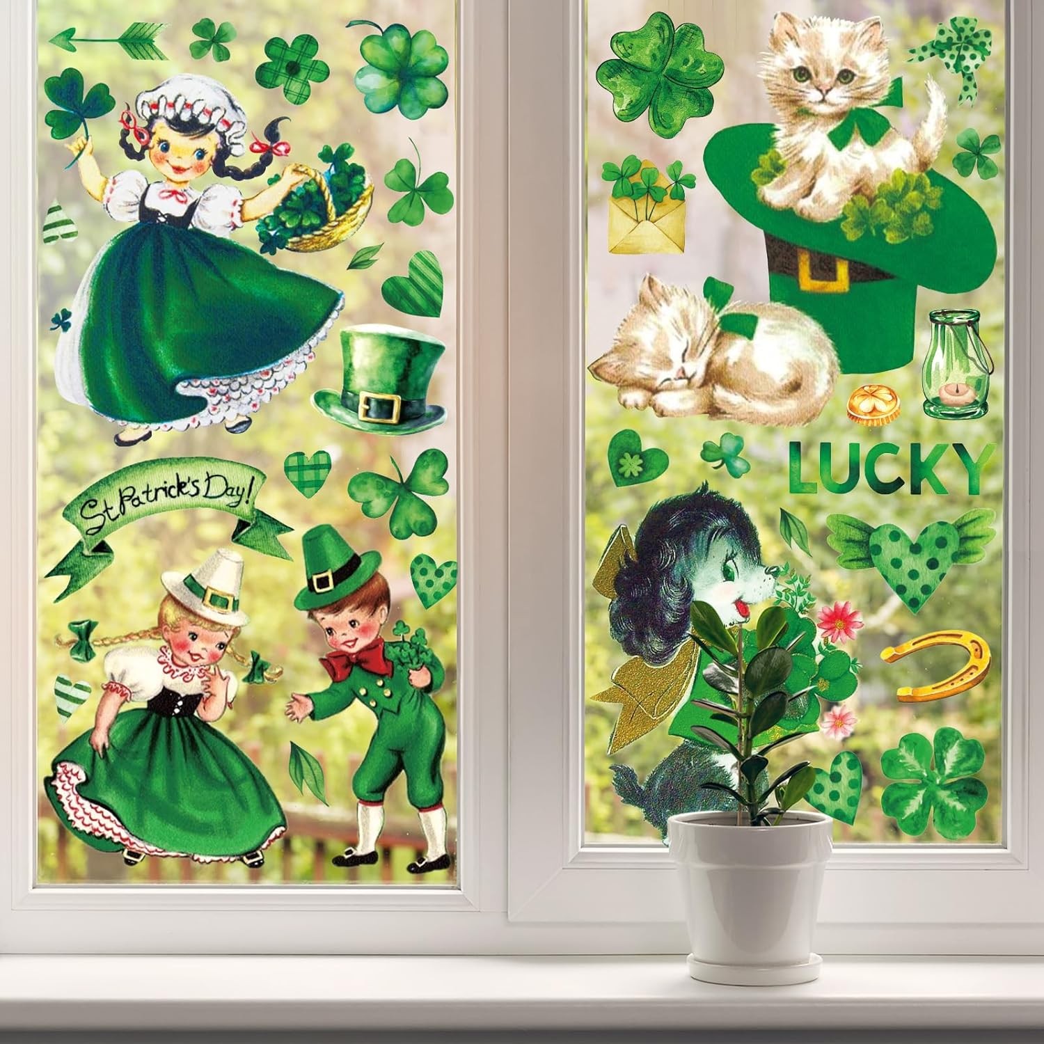 9 Sheets Vintage St. Patrick’s Day Window Cling Stickers Watercolor Retro Sham