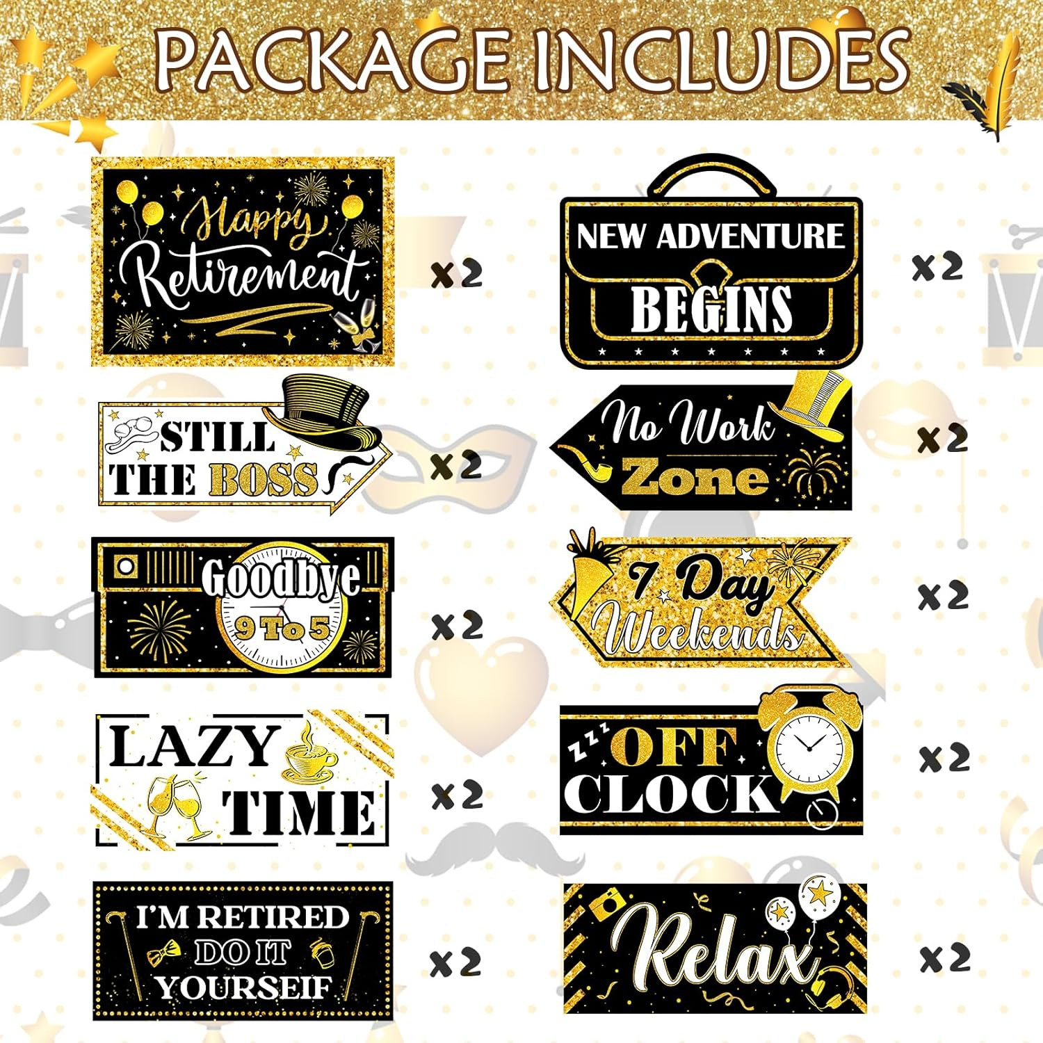 20 Pcs Retirement Party Decorations Black and Gold Happy Retirement Banner Sign