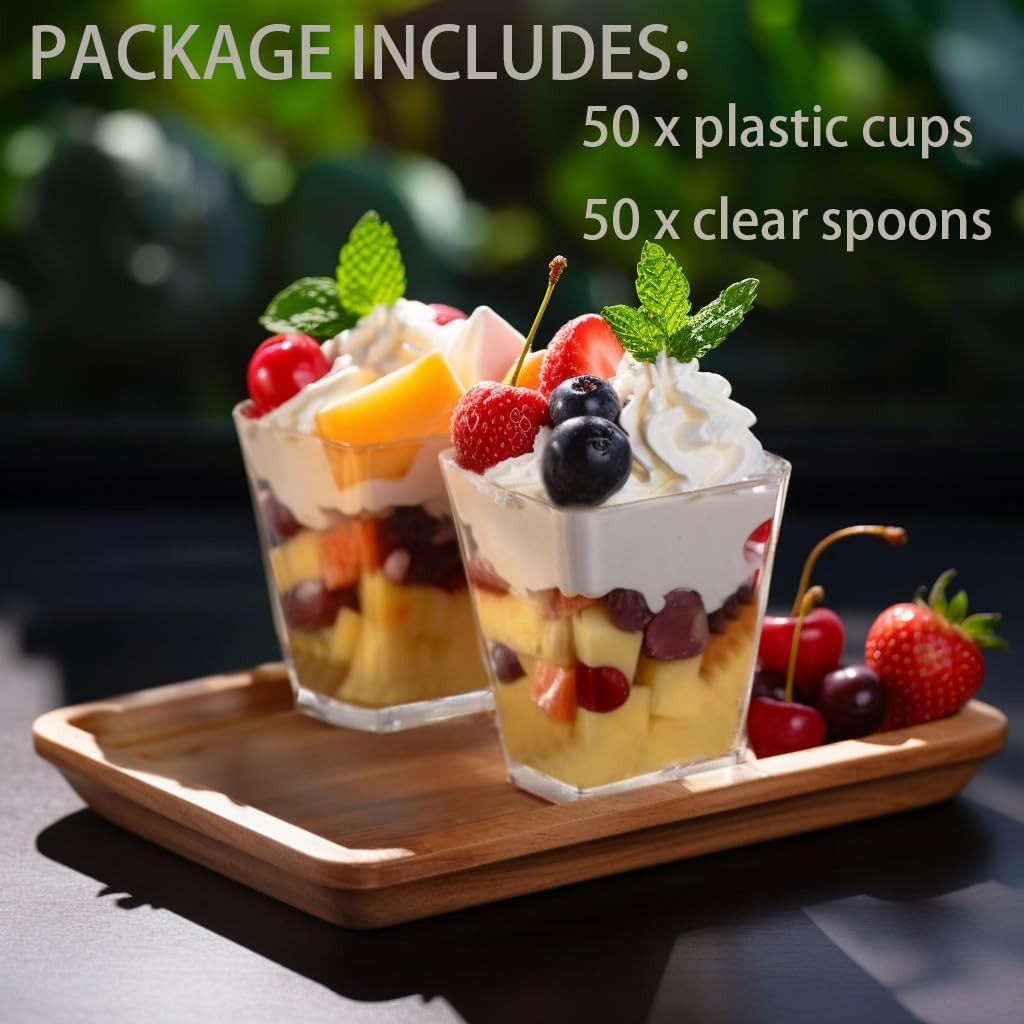 50Pack 5Oz Square Plastic Dessert Cups with Spoons, Reusable Clear Parfait Appet