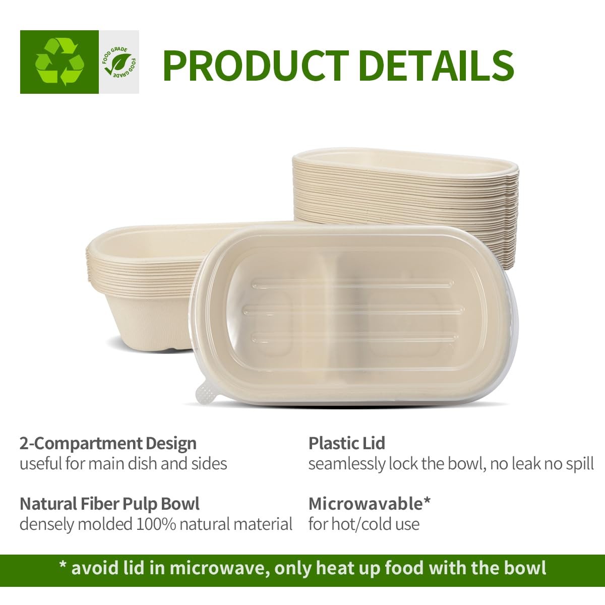50 Pack Large 2 Compartment Paper Bowls With Lids Divider Food Containers Dispos