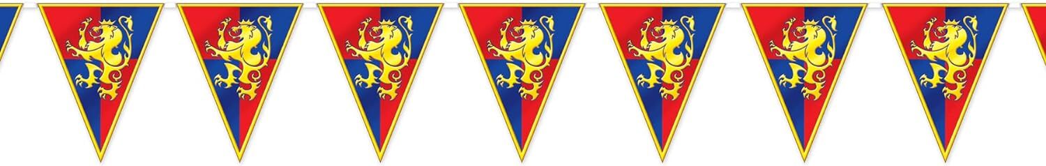 Medieval Pennant Banner 12 Feet Long Lion Crest Party Decoration Red Blue Yellow