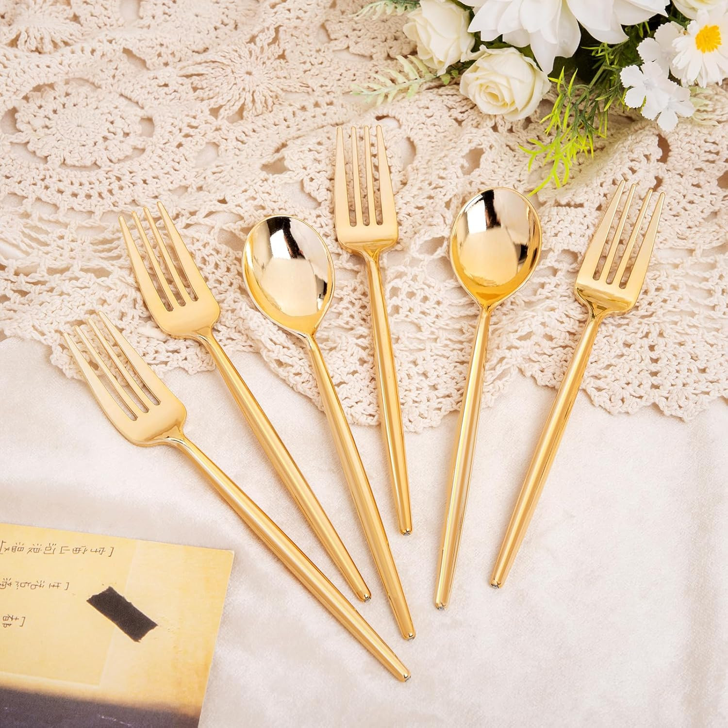 100PCS Gold Plastic Forks and Spoons Heavy Duty Set, Gold Disposable Silverwa…