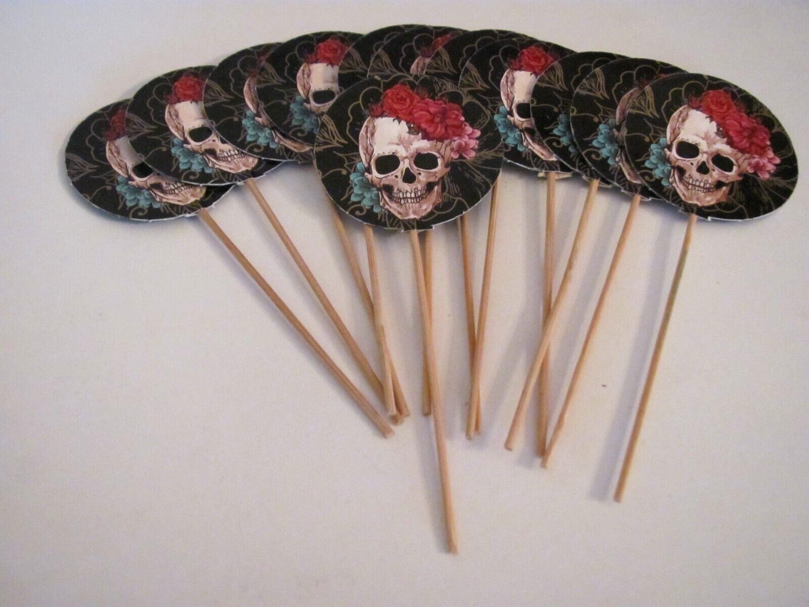 NEW LOT OF 12 ROUND CARDSTOCK PICKS~BLACK W/ SKULL AND FLOWERS