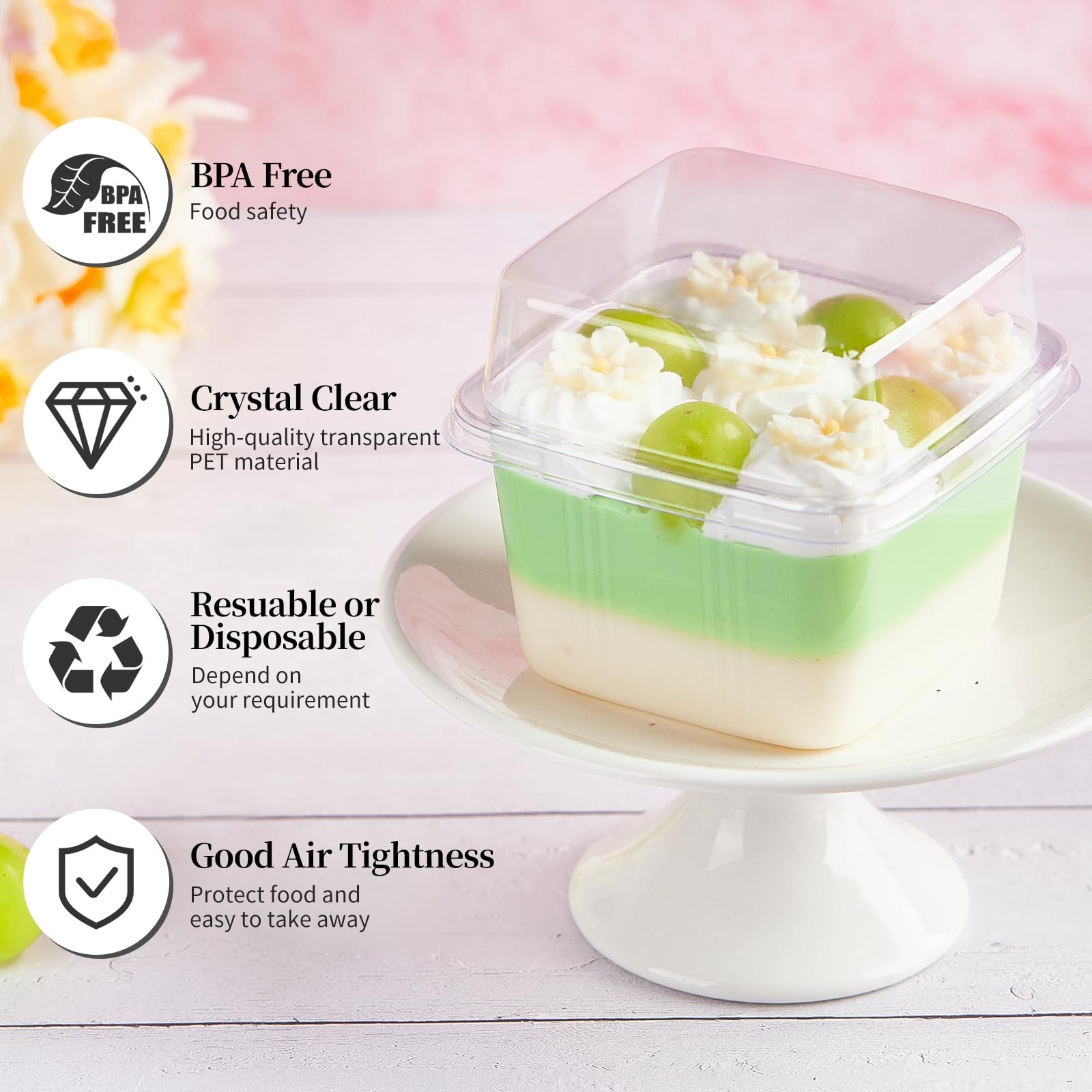 50 PCS 8 oz Clear Square Plastic Dessert Cups With Lids Sporks Containers