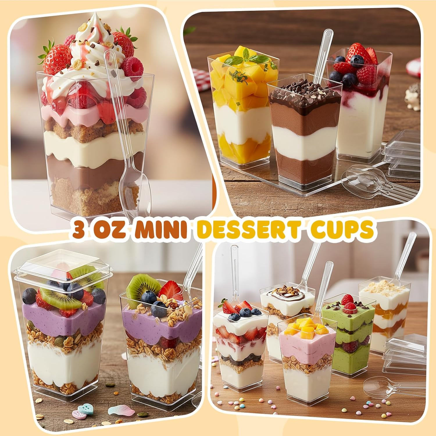 600 Pcs 3 Oz Mini Dessert Cups with Lids and Spoons, Reusable Square Appetizer,