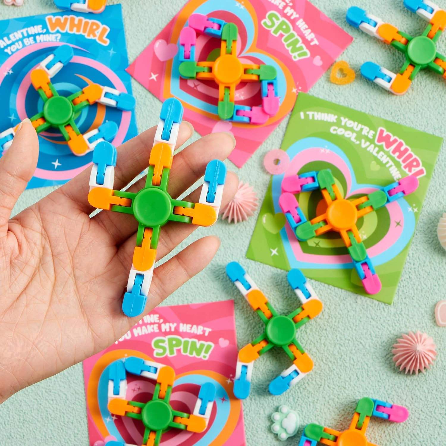 30 Valentine Fidget Spinner Sets with Cards Class Gift Party Favors for Kids Fun