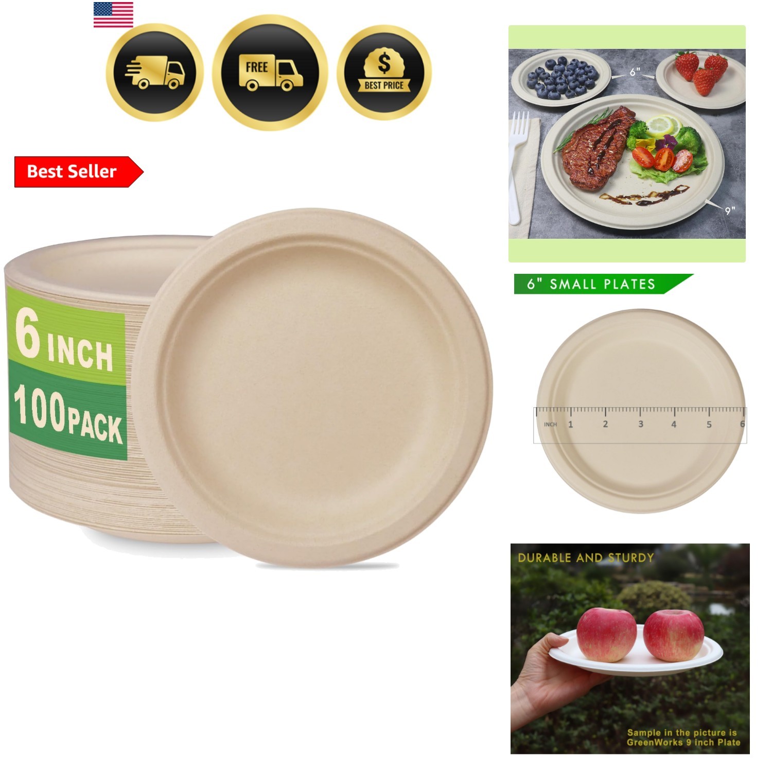100 Count 6“ Small Compostable Dessert Plates, Heavy-duty Unbleached Biodegra…
