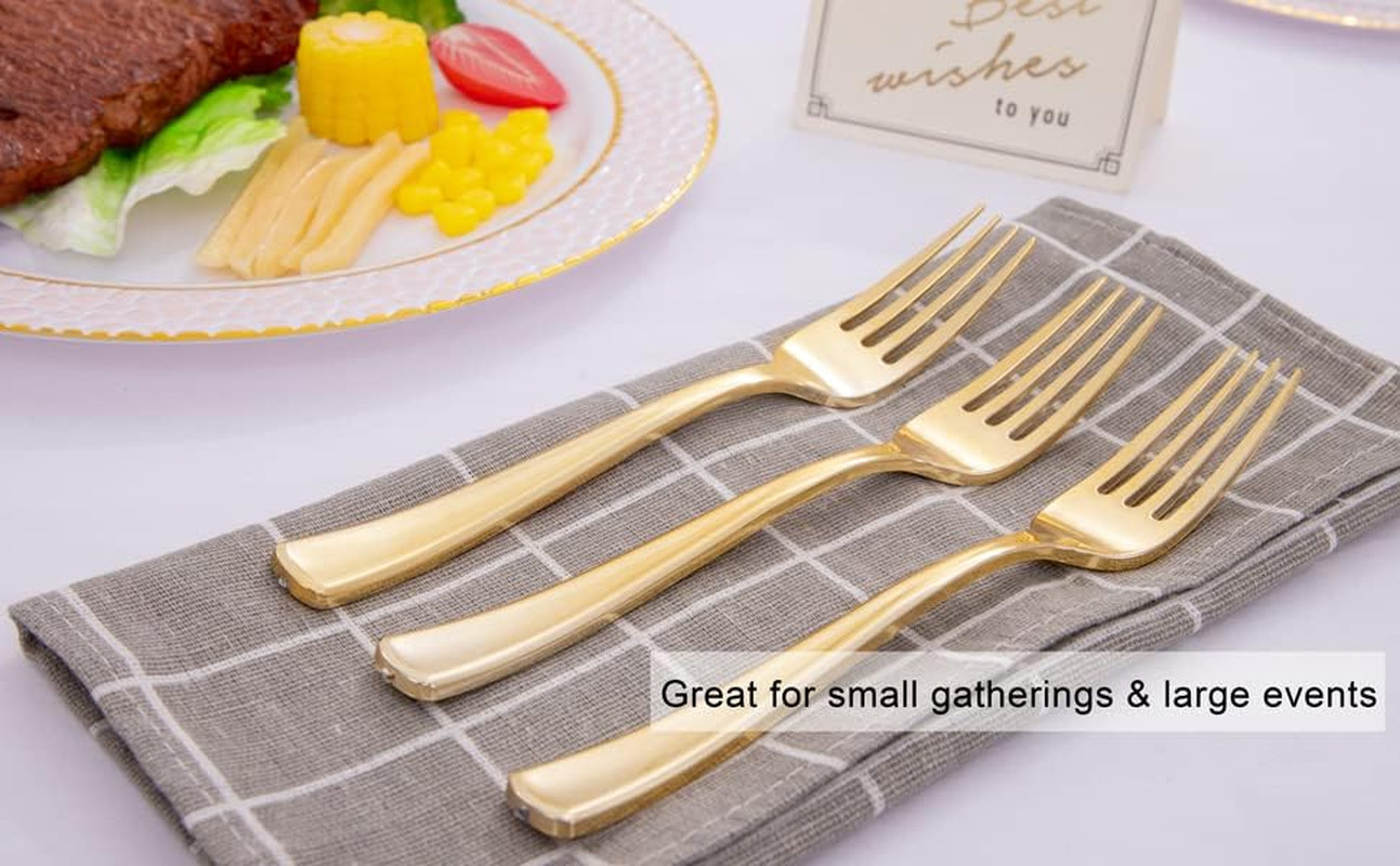 200Pcs Gold Plastic Forks – Heavyweight – 7.4 Inch Heavy Duty Plastic Forks -…