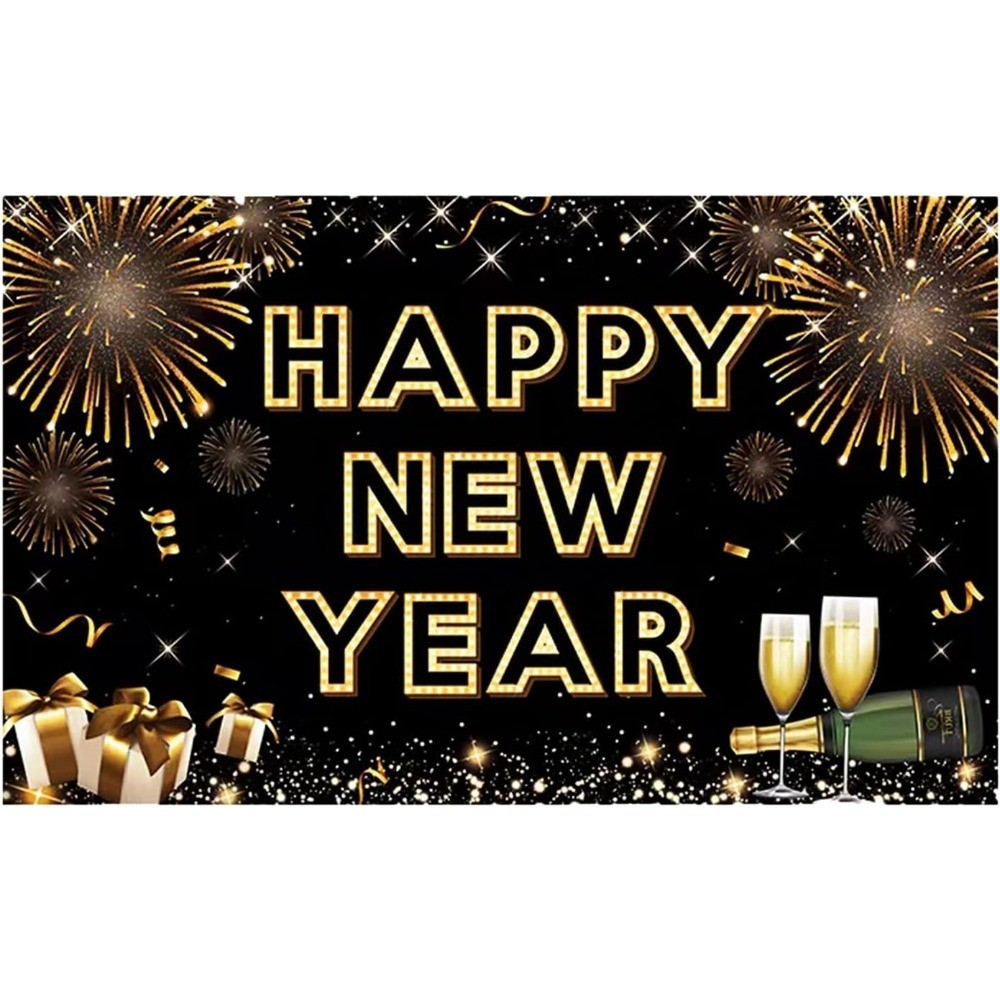 Happy New Year Banner for 2026 Party Decoration, Blackgold New Year Eve Banner