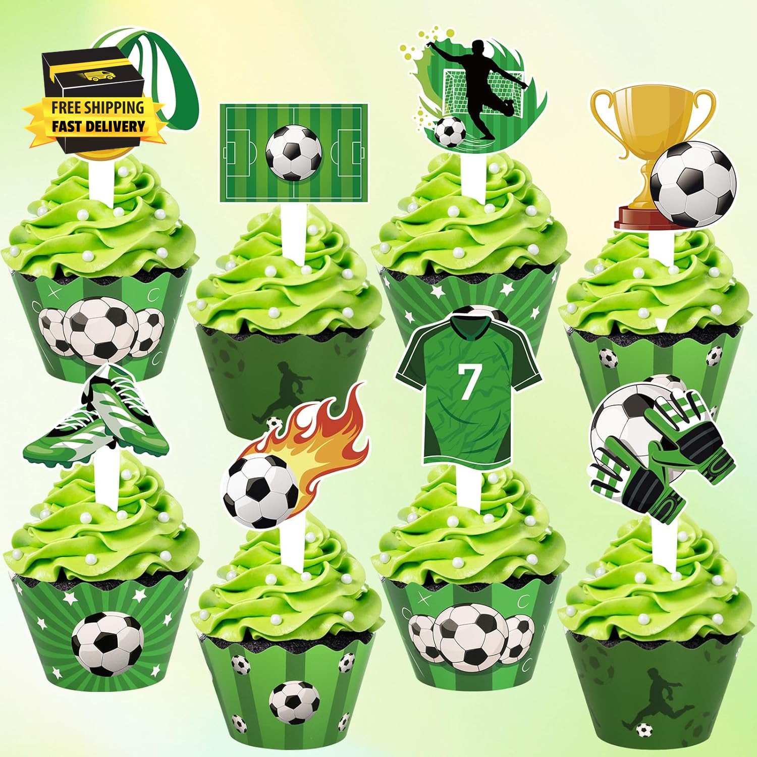 48 Pack Soccer Cupcake Toppers and Wrappers, Soccer Ball Party Cake Decoration f