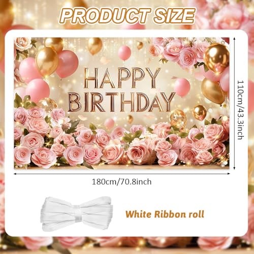Rose Gold Happy Birthday Backdrop Banner for Women | Pink Floral Happy 6×3.6ft