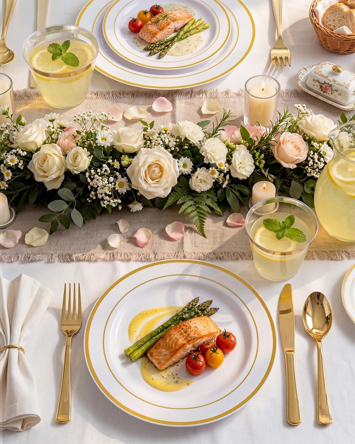 300PCS Gold Disposable Dinnerware Set – White and Gold Plastic
