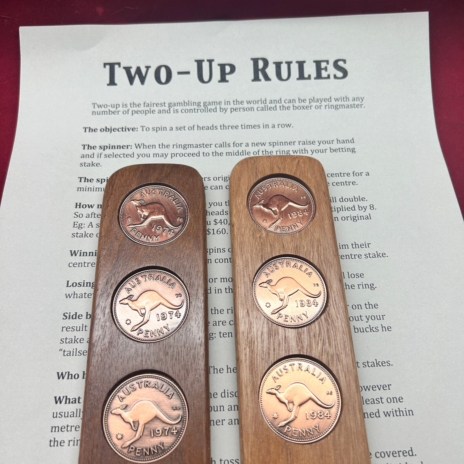70th Birthday Gift Present Hardwood Two-Up Game 1954 Australian pennies two up