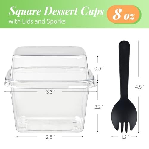 Dessert Cups 50 Count 8 oz Square Plastic Container with Lids Sporks Parfait