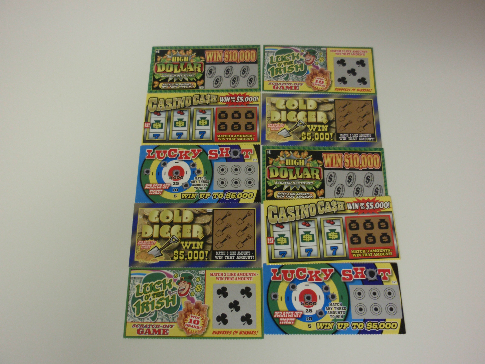 10 FAKE PHONY LOTTERY TICKETS SCRATCHERS ALL $5K- 10K WINNERS JOKE GAG PRANK