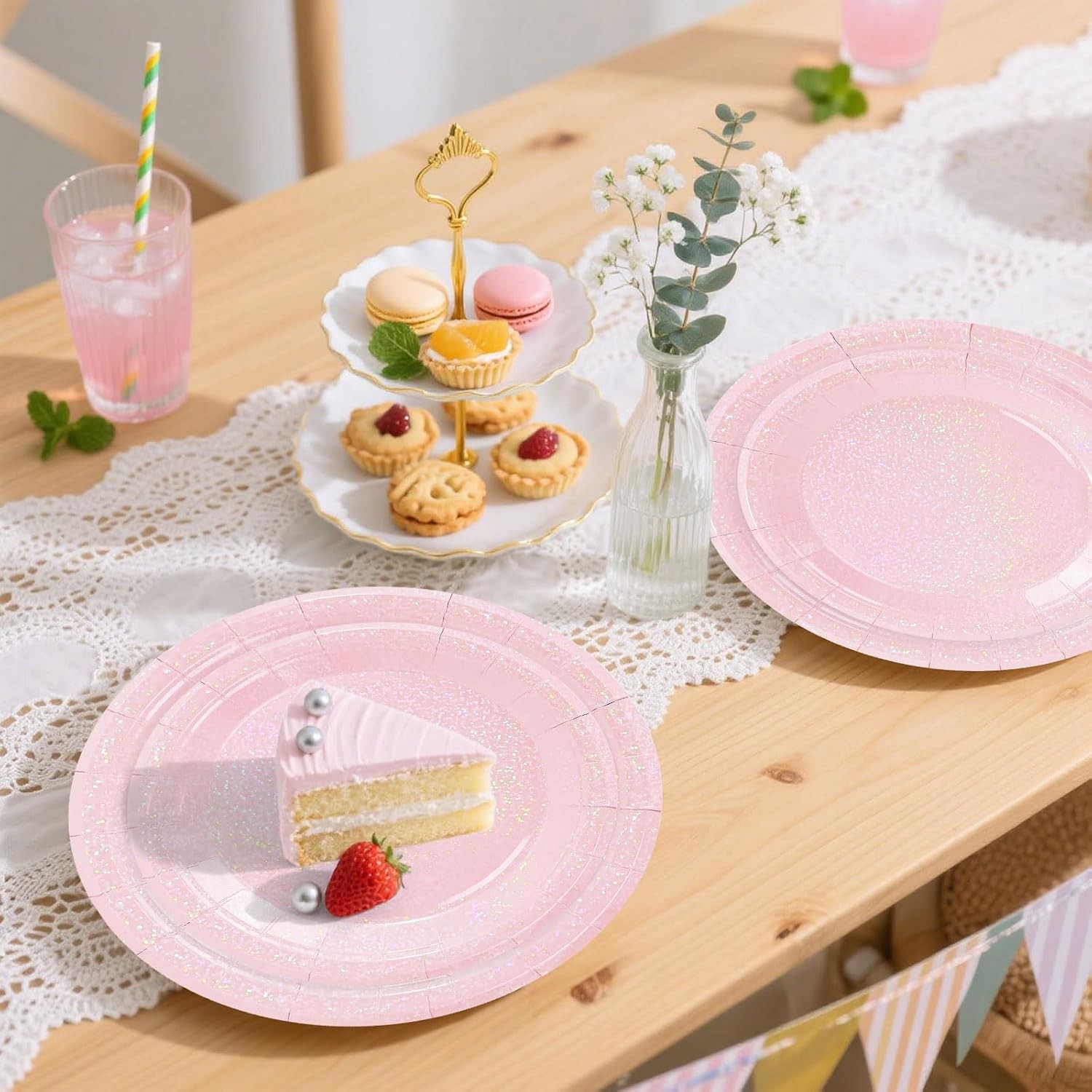 50 Pcs Iridescent Light Pink Paper Plates 25 × 7” and 25 × 9” Disposable Pink