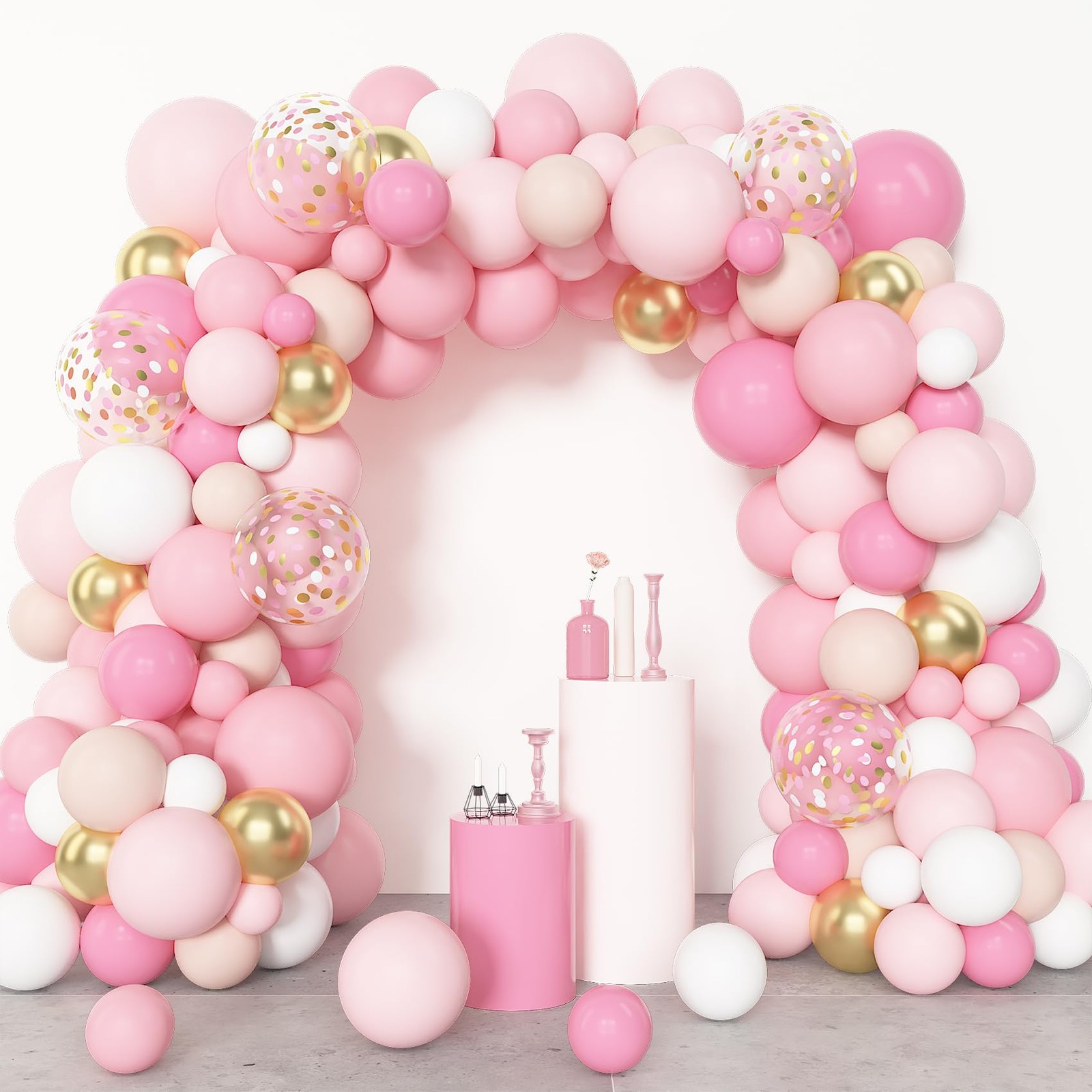 144Pcs Pink Balloons Garland Arch Kit Light Pink Gold White Confetti Latex Me…