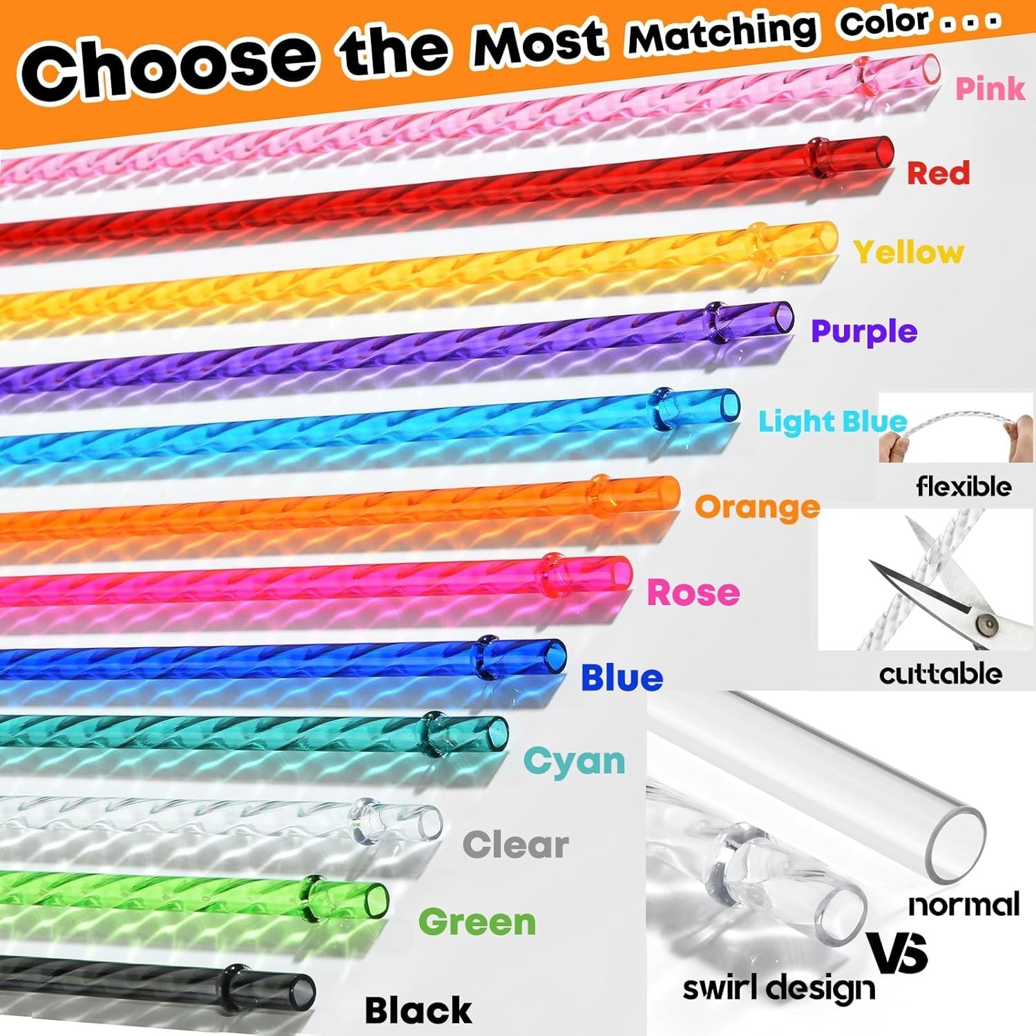 ALINK 12-Pack Reusable Plastic Clear Swirl Straws, 11/13″ Extra Long Colorful Ha