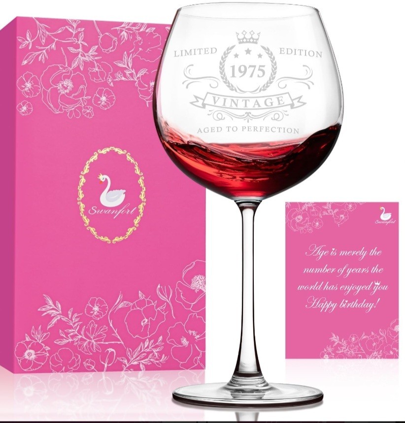 50TH Birthday Gifts for Her, Vintage 1975 Engraved 50th Wine Glass, 50 Year