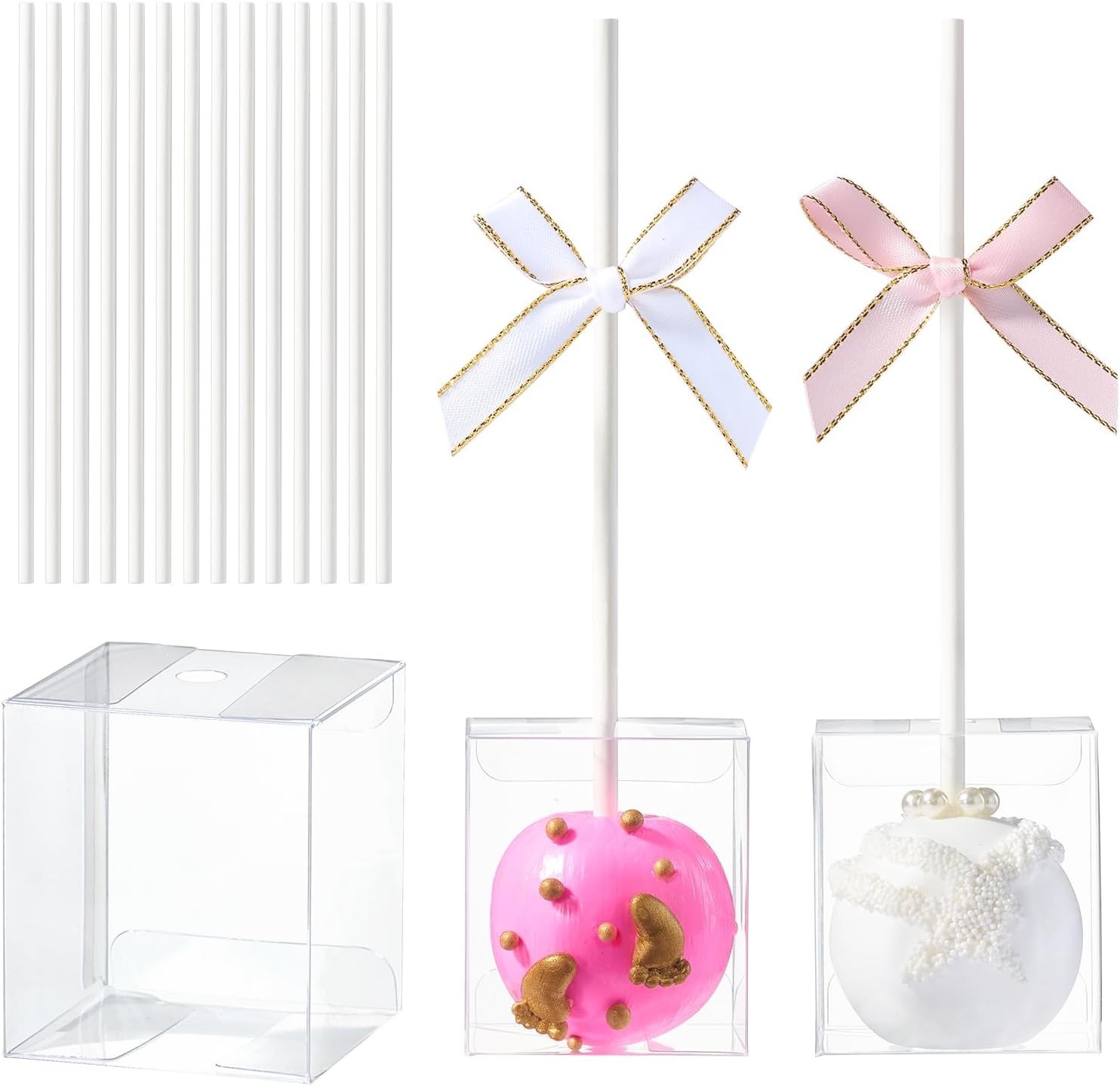 50 Pack Clear Cake Pop Favor Boxes 1.75×1.75x2in W/ Pre-Cut Hole & Paper Sticks
