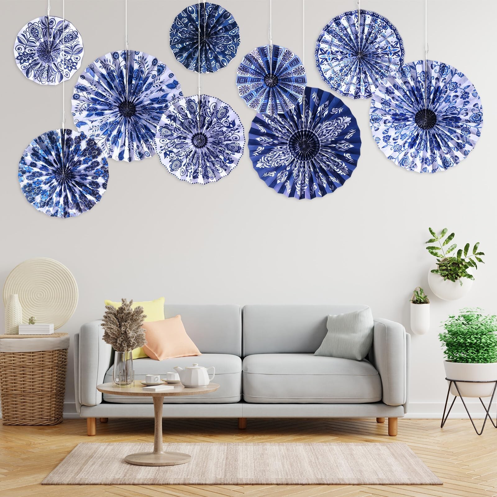 9 Pcs Chinoiserie Hanging Paper Fans Decorations Blue and White Porcelain Pri…
